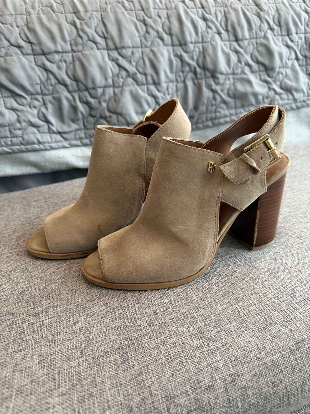 Tommy Hilfiger Taupe Suede Peep-Toe Block Heel Sandals